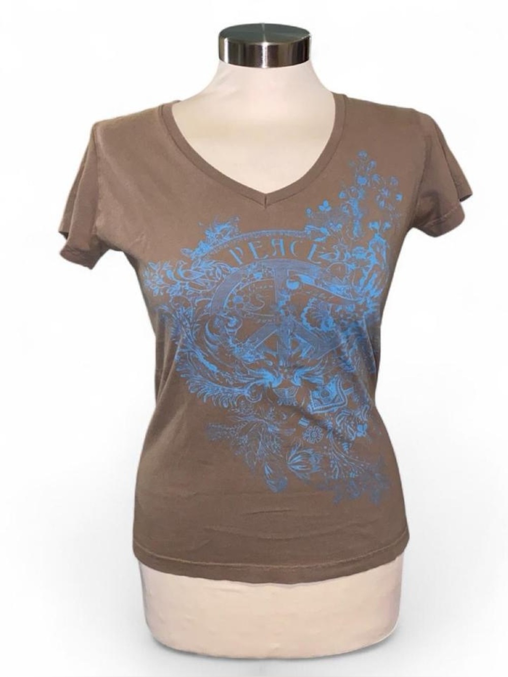 Brown V-Neck Peace Graphic Baby Tee